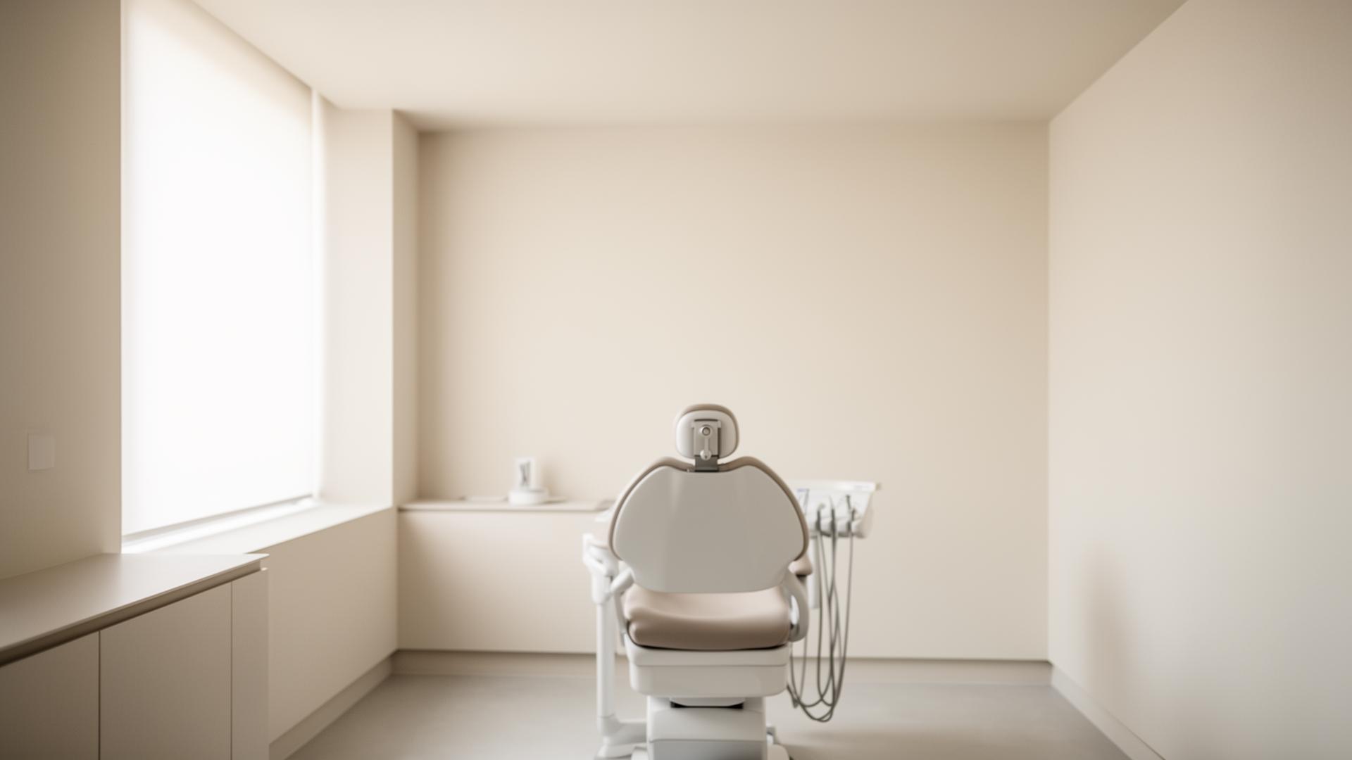Ambiente clínico minimalista, tons neutros, luz natural suave