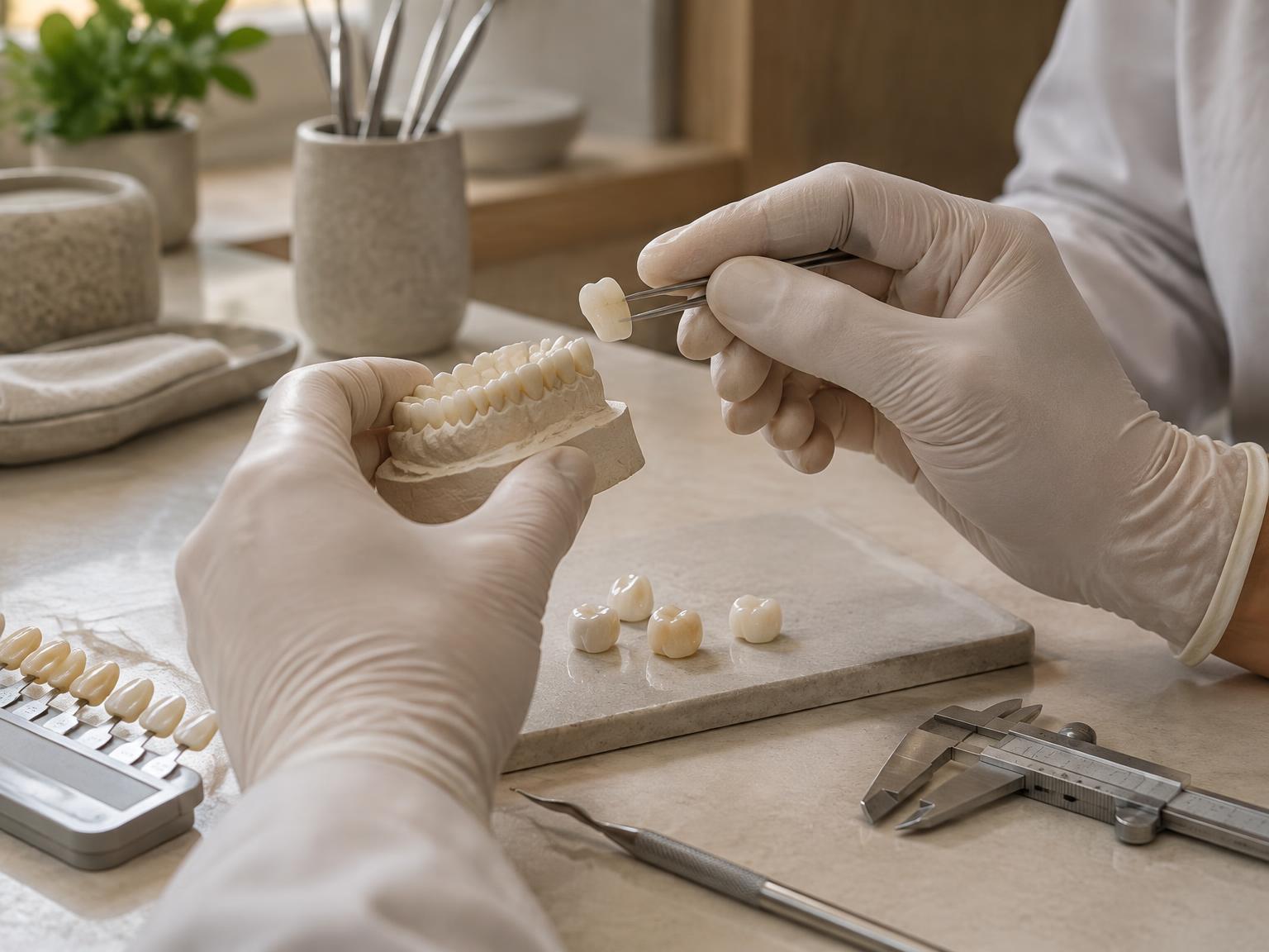 Planejamento restaurador com modelo odontológico, cerâmicas e instrumentos de precisão