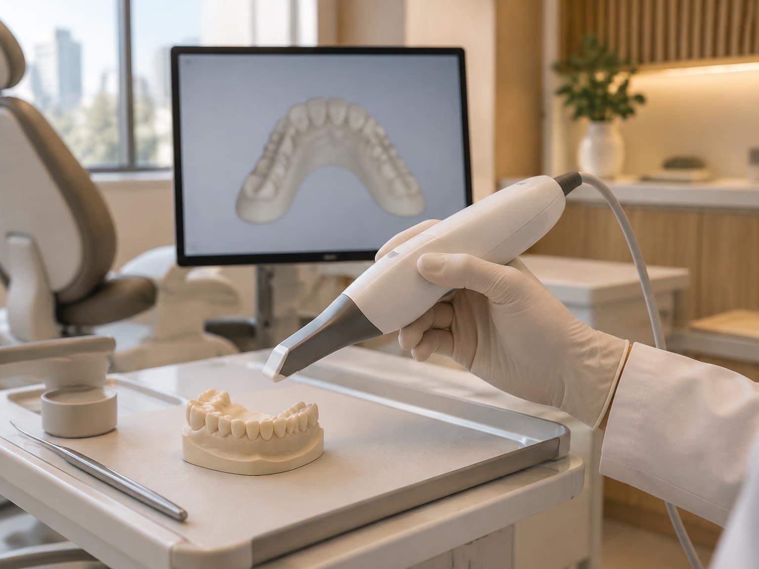Scanner intraoral sobre modelo odontológico durante fluxo de planejamento digital